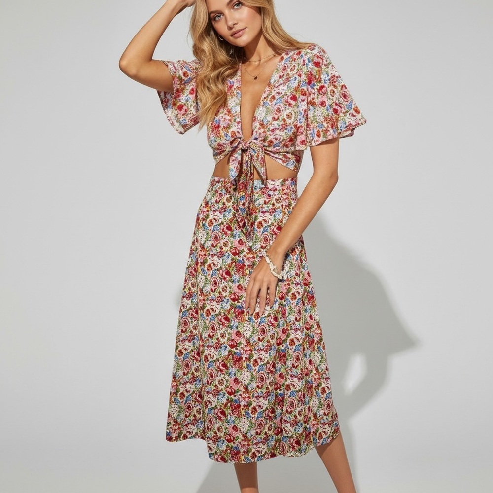 Women’s SHEIN Floral Tie Top Open Belly Midi Dress Size 6